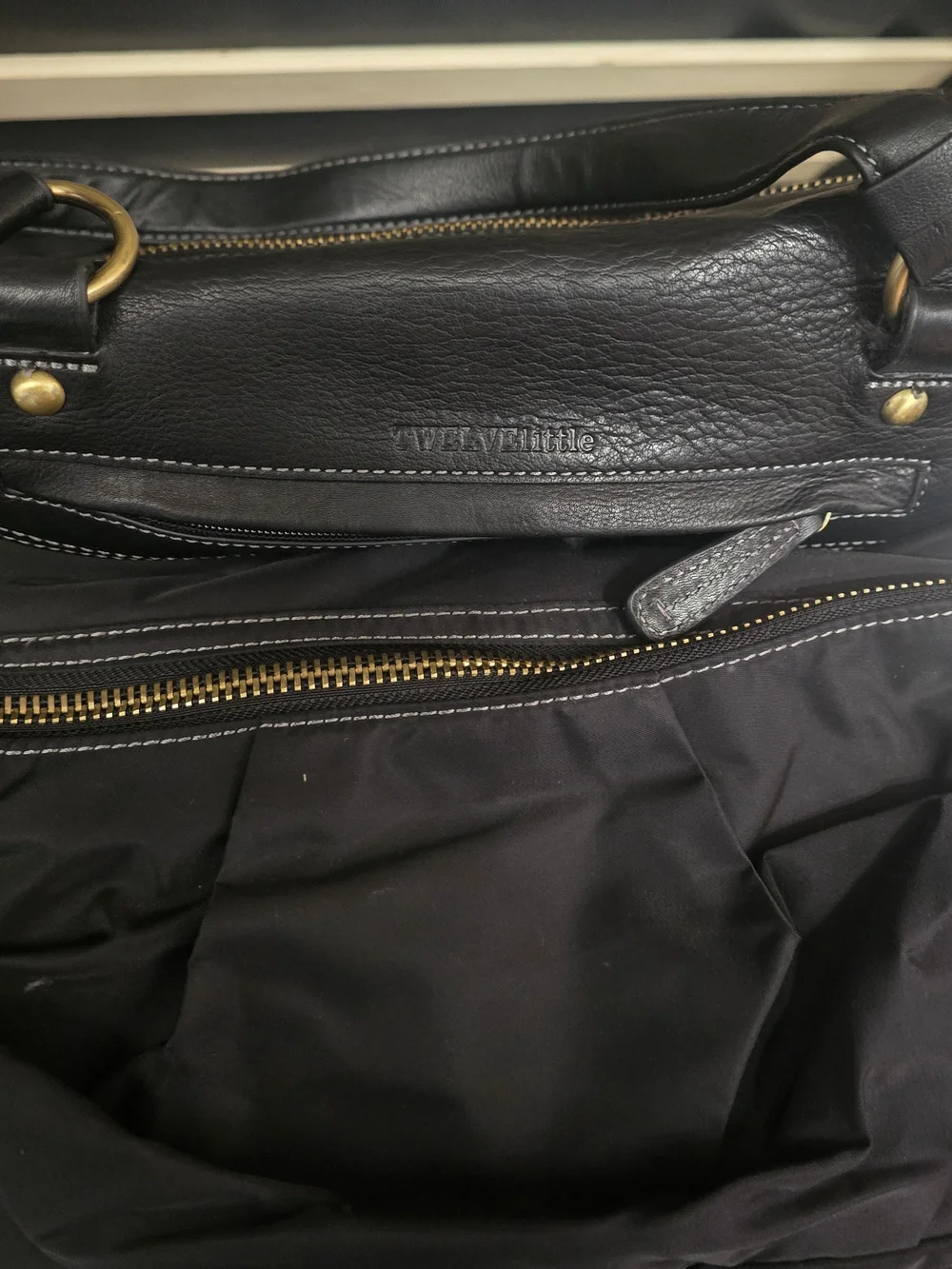 Black Leather Baby Bag with Gold Accent Hardware